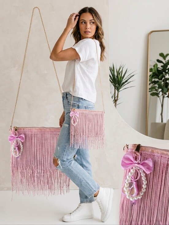 Handbags - Pink Fringe Convertible Crossbody to Wristket Purse with Pearl Bag Charm